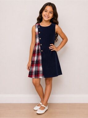 Beebay Girls Size 7 Navy Red Plaid Corduroy Holiday Christmas Dress